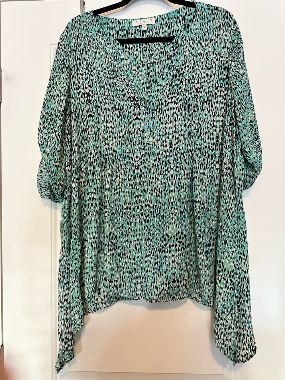 Chaus Mint and Black Abstract Animal Printed Button-Front Tunic